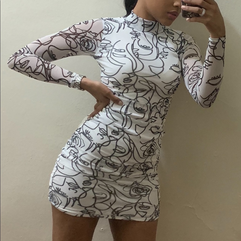 Mock Neck Printed Mini Dress